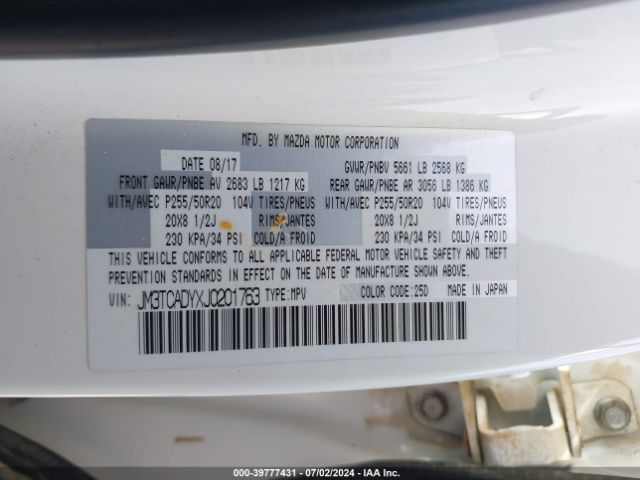 JM3TCADYXJ0201763 Mazda Cx-9 Grand Touring