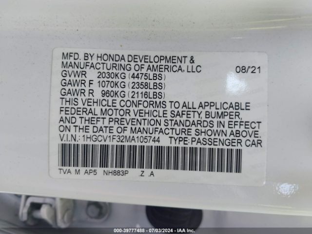 1HGCV1F32MA105744 Honda Accord Sport