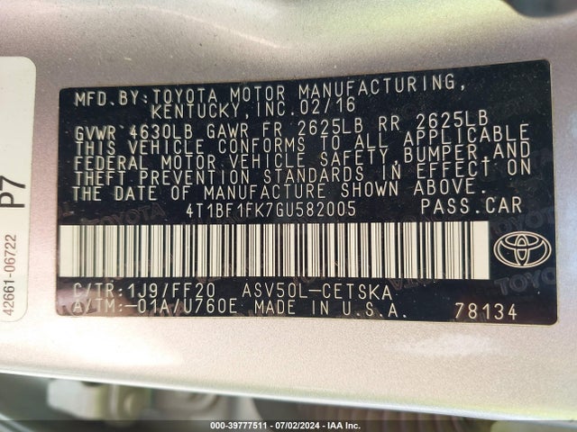Toyota CAMRY SE 2016 4T1BF1FK7GU582005 Image 9