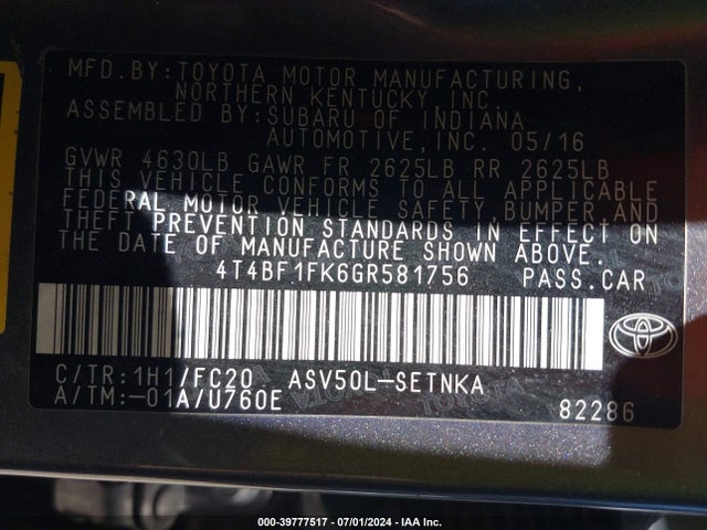 Toyota CAMRY LE 2016 4T4BF1FK6GR581756 Image 9