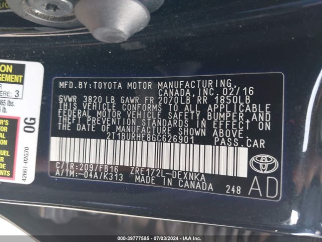 2T1BURHE8GC626901 Toyota COROLLA LE