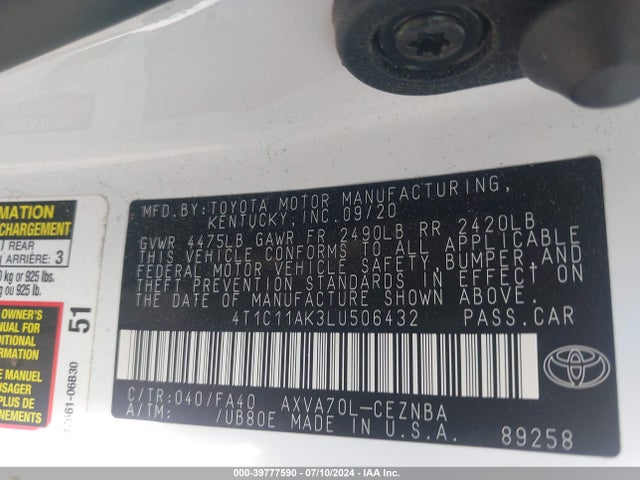 Toyota CAMRY LE 2020 4T1C11AK3LU506432 Image 9