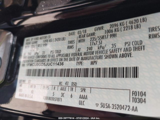 1FMCU0GD5JUC11436 Ford ESCAPE SE