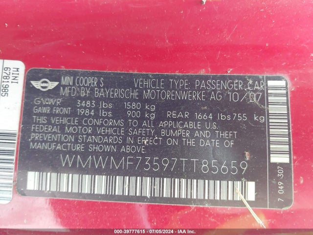 2007 MINI COOPER S WMWMF73597TT85659 Photo 8