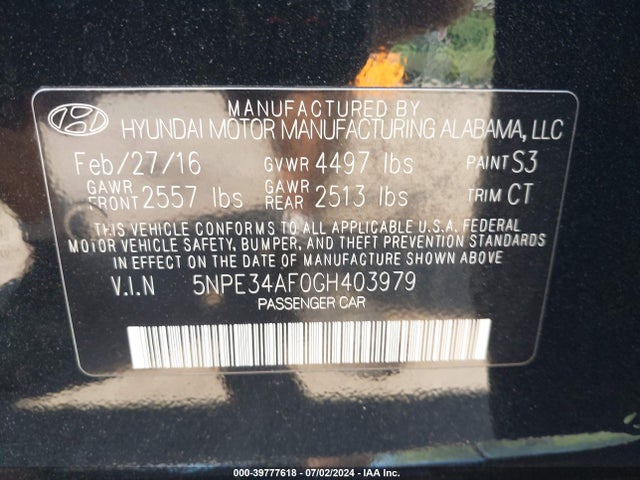 Hyundai Sonata Limited 2016 5NPE34AF0GH403979 Image 9