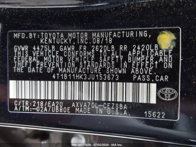4T1B11HK3JU153673 Toyota CAMRY SE