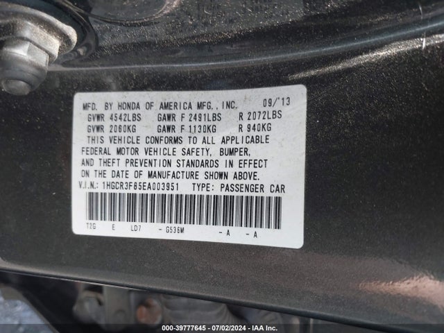 Honda Accord Ex-l V-6 2014 1HGCR3F85EA003951 Image 9