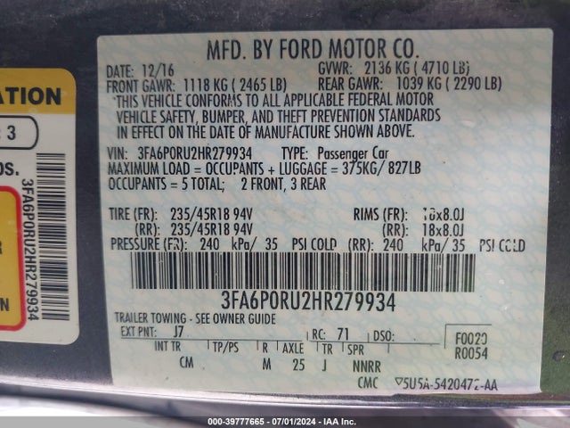 Ford Fusion Hybrid Titanium 2017 3FA6P0RU2HR279934 Image 9