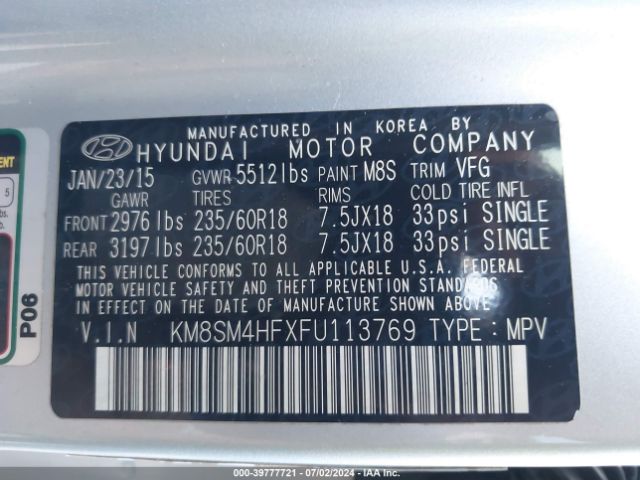 KM8SM4HFXFU113769 Hyundai Santa Fe Gls