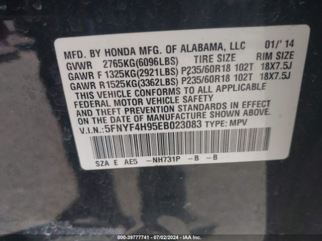 5FNYF4H95EB023083 Honda Pilot Touring