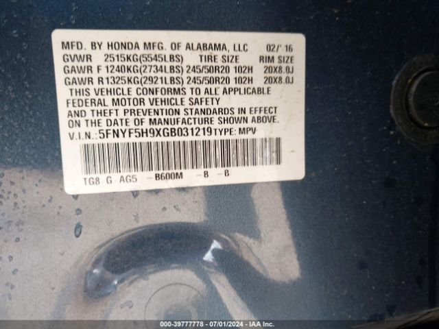 5FNYF5H9XGB031219 Honda Pilot Touring