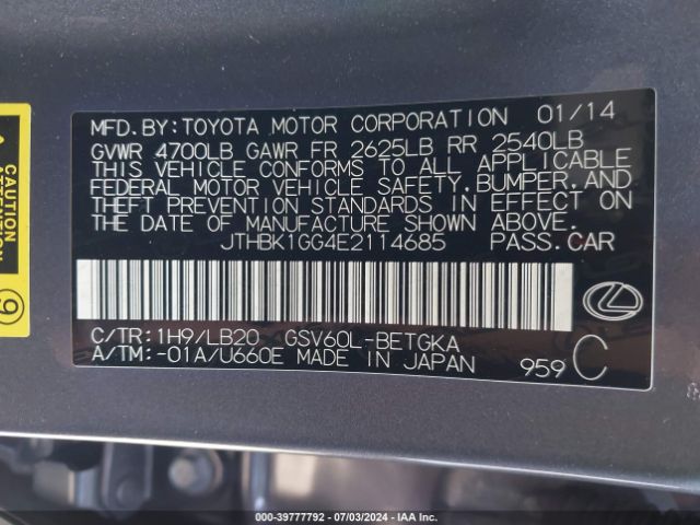 JTHBK1GG4E2114685 Lexus ES 350
