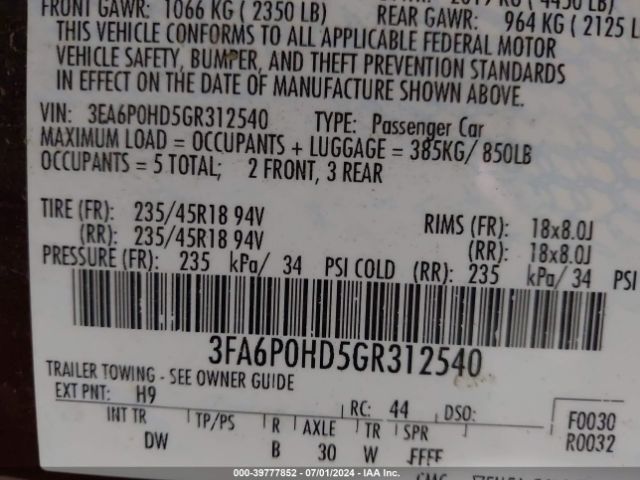3FA6P0HD5GR312540 Ford FUSION SE