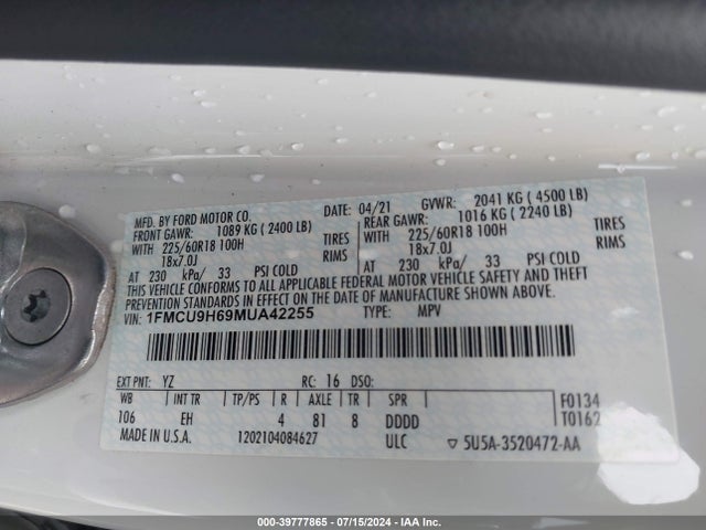 Ford ESCAPE SEL 2021 1FMCU9H69MUA42255 Image 9