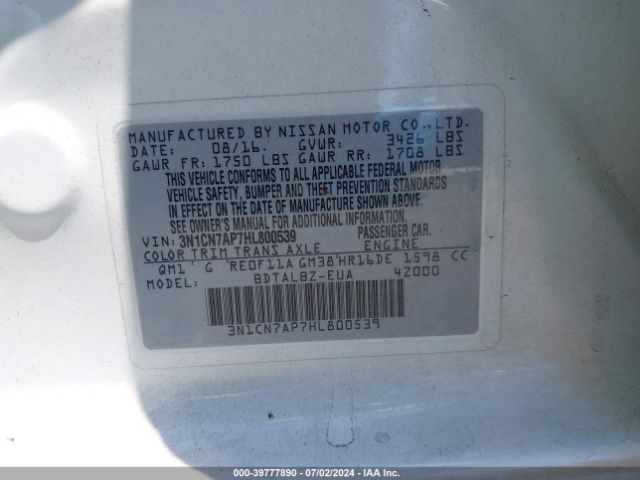 3N1CN7AP7HL800539 Nissan Versa 1.6 S/1.6 S+/1.6 Sl/1.6 Sv