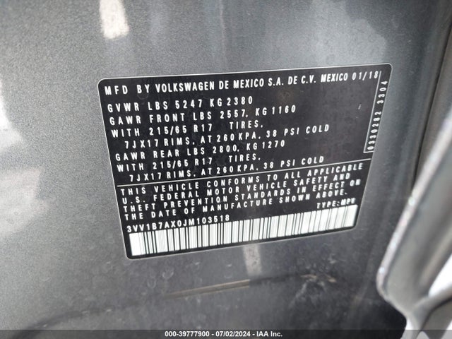 3VV1B7AX0JM103518 Volkswagen Tiguan 2.0t S