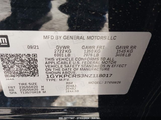1GYKPCRS3NZ118017 Cadillac Xt6 Fwd Premium Luxury