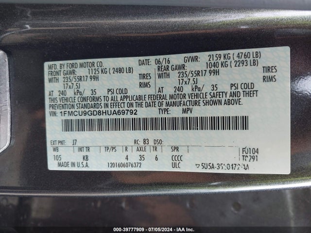 Ford ESCAPE SE 2017 1FMCU9GD8HUA69792 Image 9