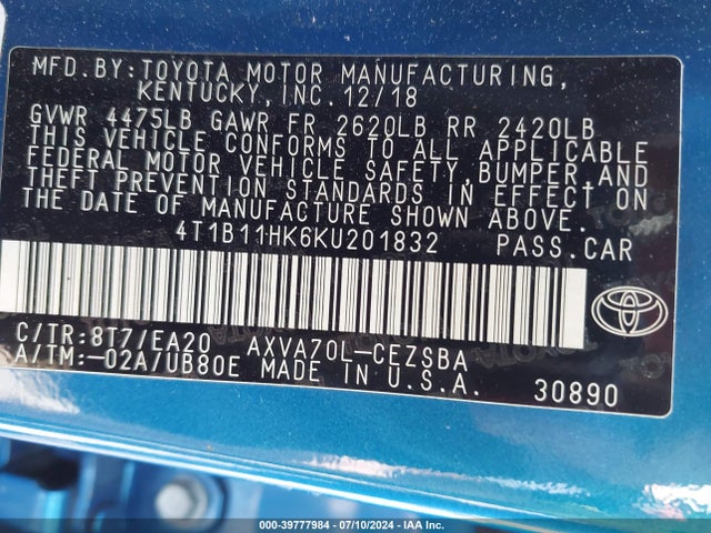Toyota CAMRY SE 2019 4T1B11HK6KU201832 Image 9