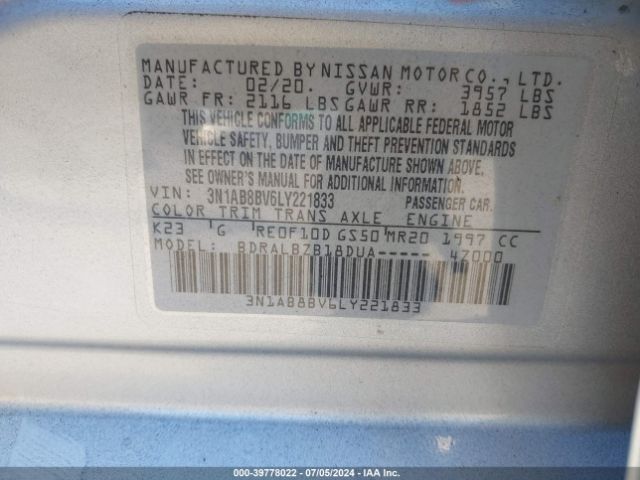 3N1AB8BV6LY221833 Nissan Sentra S Xtronic Cvt