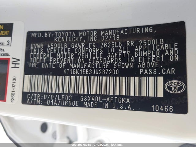Toyota Avalon Xle Premium 2018 4T1BK1EB3JU287200 Image 9