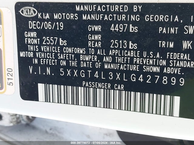 KIA Optima Lx 2020 5XXGT4L3XLG427899 Image 9