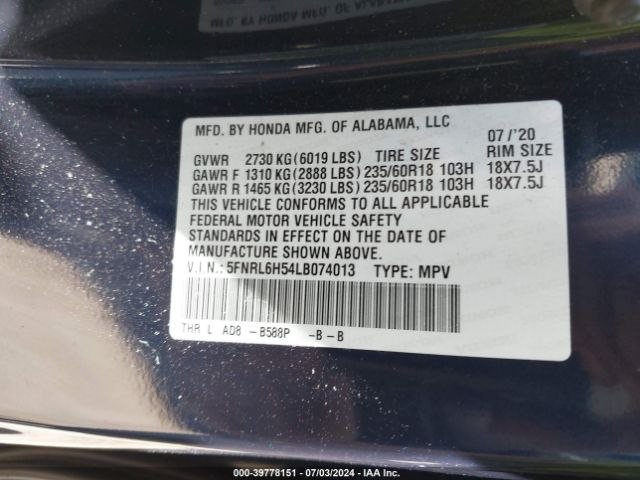 5FNRL6H54LB074013 Honda ODYSSEY EX