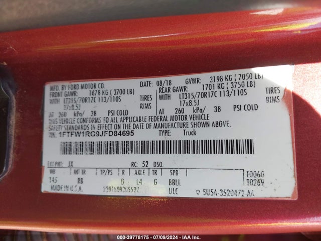 Ford F-150 Raptor 2018 1FTFW1RG9JFD84695 Image 9