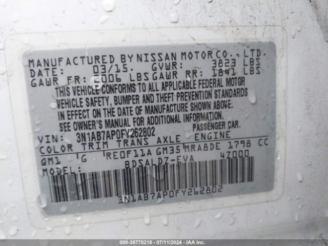 3N1AB7AP0FY262802 Nissan Sentra Fe+ S/s/sl/sr/sv