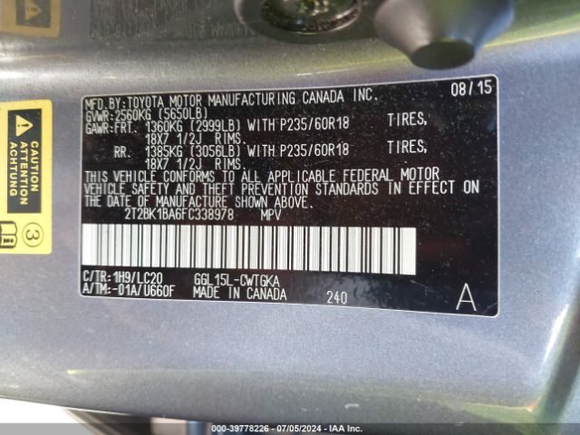 2T2BK1BA6FC338978 Lexus RX 350