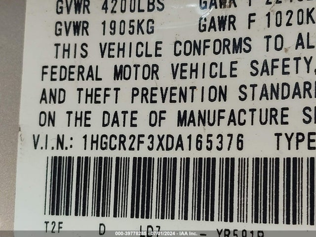 2013 Honda Accord Lx მანქანა იყიდება აუქციონზე, vin: 1HGCR2F3XDA165376, აუქციონის ნომერი: 39778285
