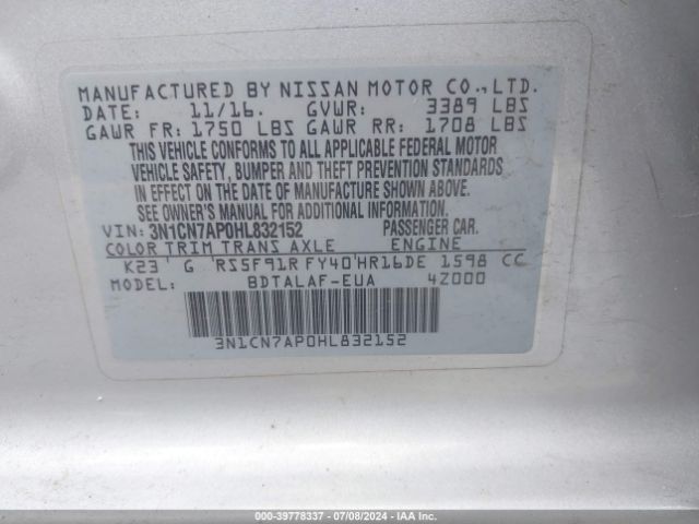 3N1CN7AP0HL832152 Nissan Versa 1.6 S