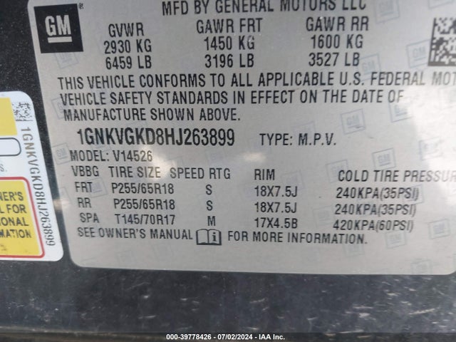 Chevrolet Traverse 1lt 2017 1GNKVGKD8HJ263899 Image 9