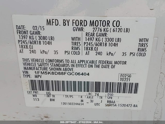 Ford EXPLORER XLT 2015 1FM5K8D88FGC06404 Image 9