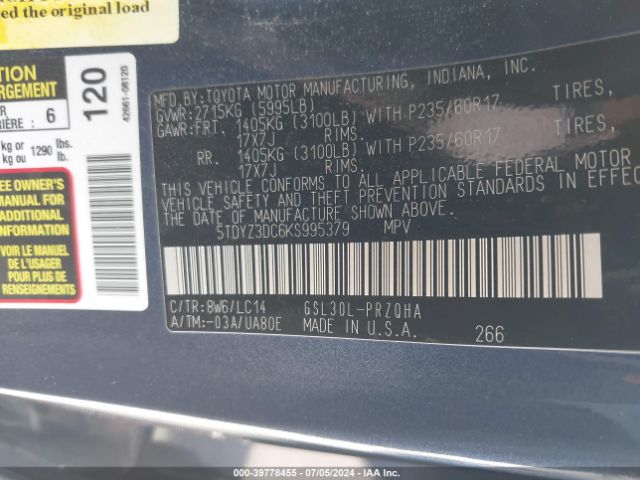 5TDYZ3DC6KS995379 Toyota Sienna Xle Premium 8 Passenger