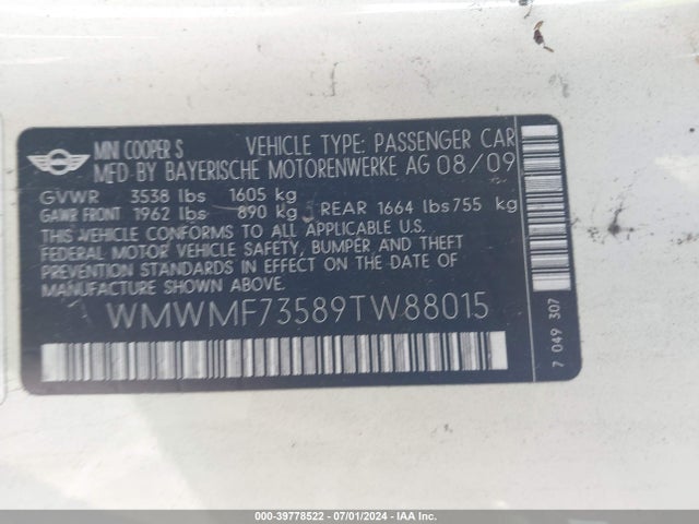 2009 MINI COOPER S WMWMF73589TW88015 Photo 8