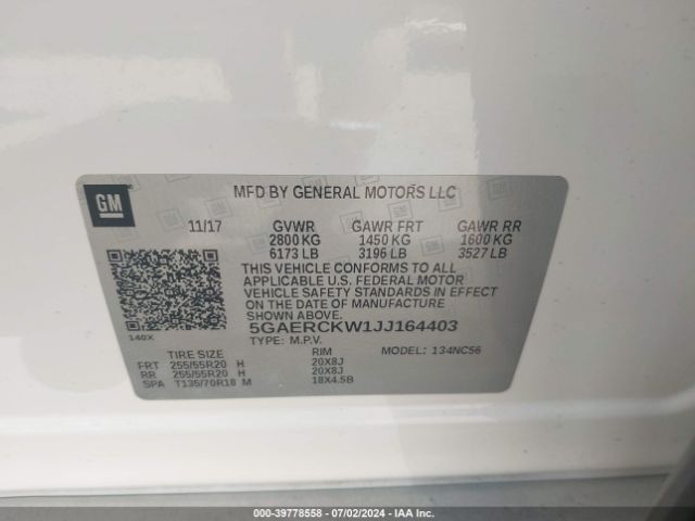 5GAERCKW1JJ164403 Buick Enclave Premium