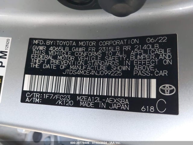 Toyota COROLLA SE 2022 JTDS4MCE4NJ099225 Image 9