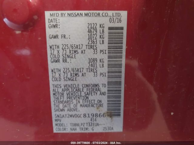 5N1AT2MV0GC819866 Nissan Rogue S/sl/sv