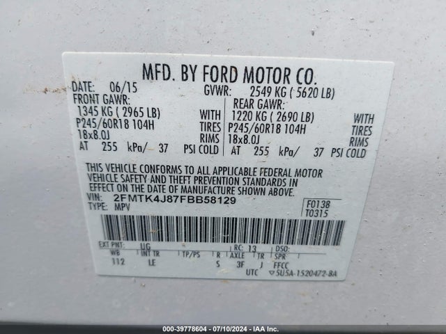 Ford EDGE SEL 2015 2FMTK4J87FBB58129 Image 9