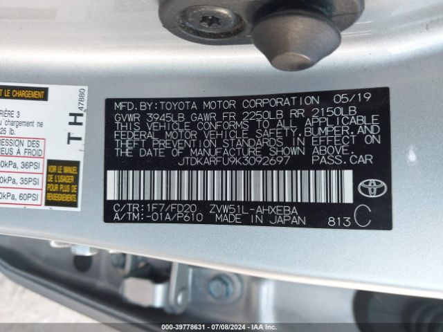 JTDKARFU9K3092697 Toyota Prius Le