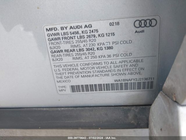 WA1BNAFY2J2136711 Audi Q5 2.0t Premium/2.0t Tech Premium