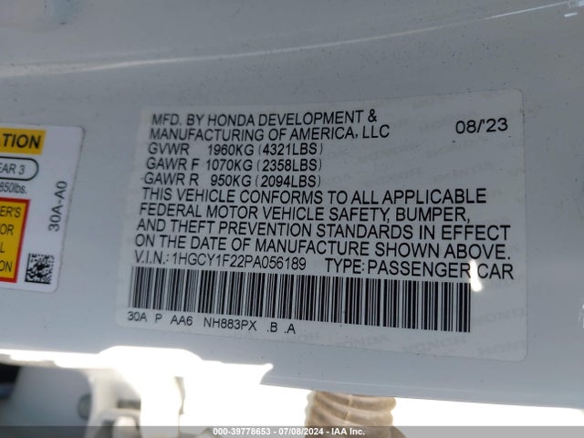 1HGCY1F22PA056189 Honda l15be