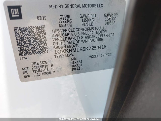 1GKKNMLS5KZ250416 GMC Acadia Slt-1