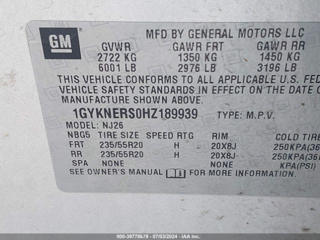 1GYKNERS0HZ189939 Cadillac Xt5 Premium Luxury