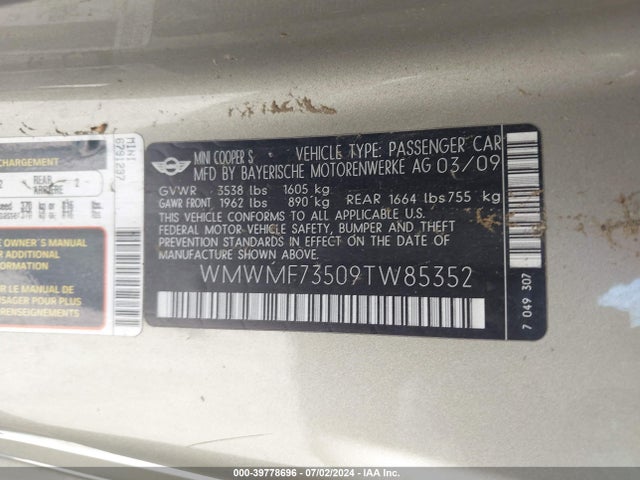 2009 MINI COOPER S WMWMF73509TW85352 Photo 8