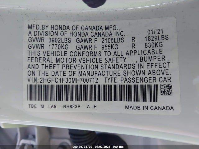 Honda CIVIC EX 2021 2HGFC1F30MH700712 Image 9