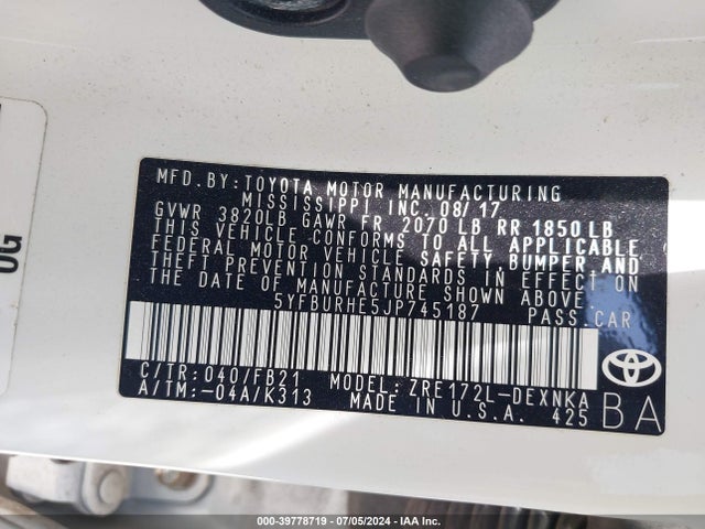 Toyota COROLLA LE 2018 5YFBURHE5JP745187 Image 9