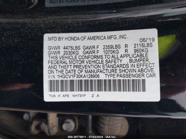 1HGCV1F30KA128906 Honda Accord Sport
