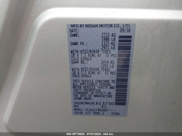 5N1DR2MN1HC613730 Nissan Pathfinder Platinum/s/sl/sv